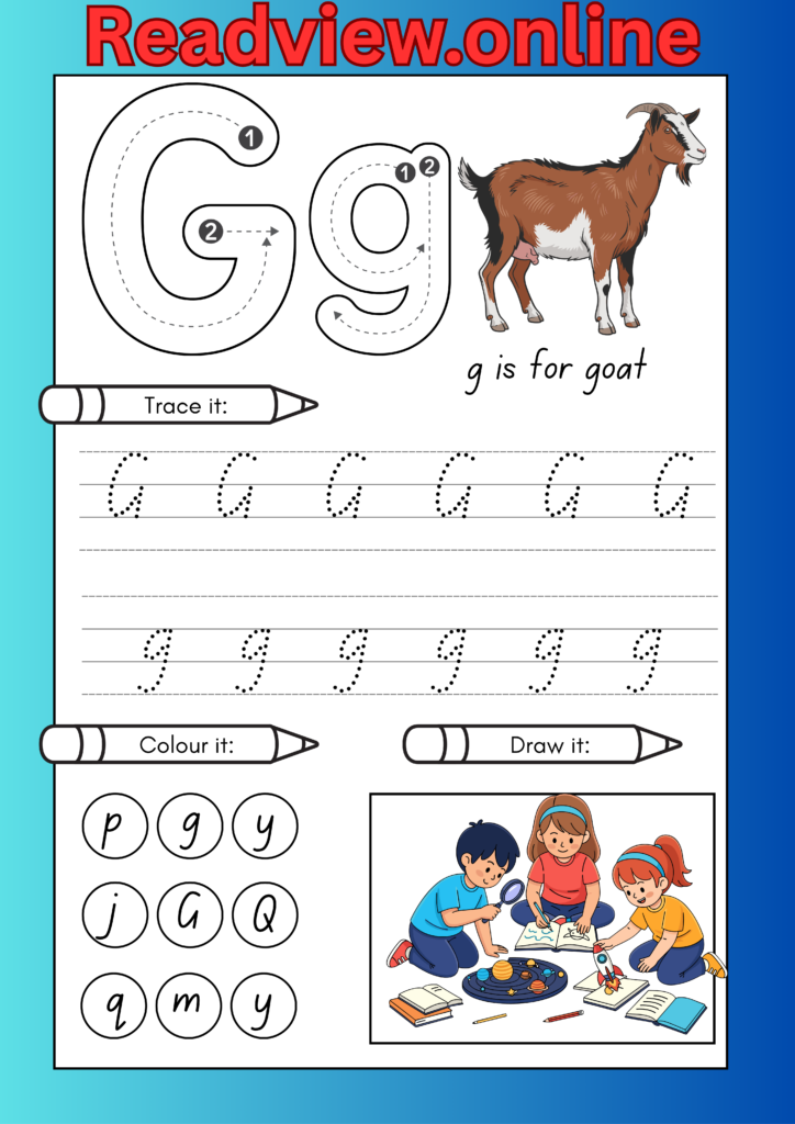Letter G tracing and drawing activity