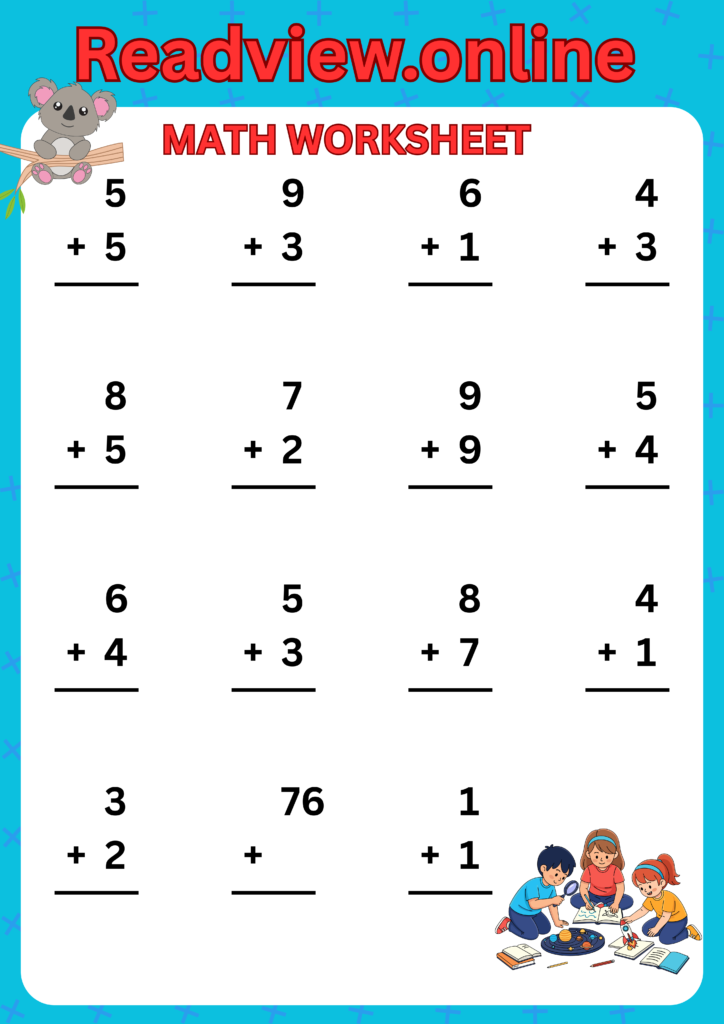 Math worksheet with addition problems.